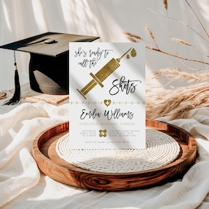 Nursing school gold graduation party invitation, medical invitation card gold decor, doctor grad announcement template for her or him - C389