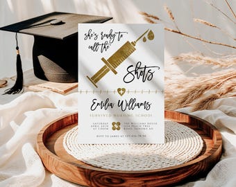 Nursing school gold graduation party invitation, medical invitation card gold decor, doctor grad announcement template for her or him - C389