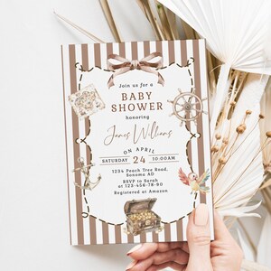 Pirate baby shower invitation printable, pirate brown baby shower invitation, pirates nautical treasure box baby shower invitation - C777