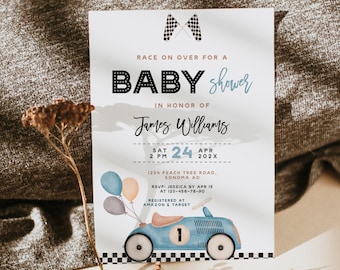 Race car baby shower invite editable, beep baby shower Invitation card decor, baby boy is almost here baby shower invitation printable -C271