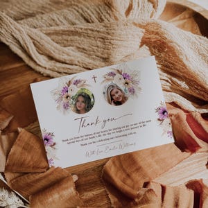 Beige and purple floral baptism thank you card printable, bohemian christening thank you card with photo, girl baptism thank you note - C661