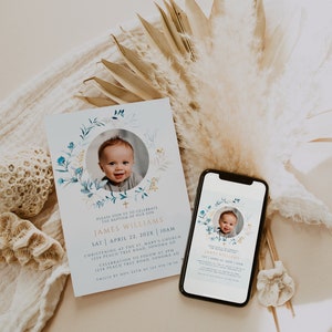 May include: Baptism invitation featuring a baby's photo surrounded by a floral wreath. The invitation includes the text "James Williams" and event details. A smartphone displays the same design.