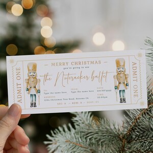Christmas gold decor nutcracker ballet gift ticket, editable any occasion ticket voucher certificate card, modern holiday surprise ticket