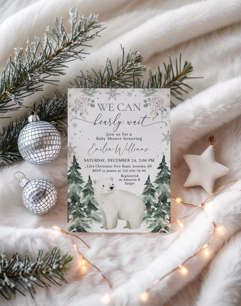 A white invitation card with a winter theme, featuring a polar bear and snowflakes, surrounded by Christmas decorations and lights.