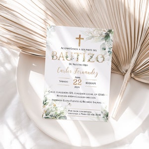 Eucalipto invitacion de bautizo, Invitacion bautizo en espanol, invitación bautizo niño, baptism invitation in spanish green gold letter