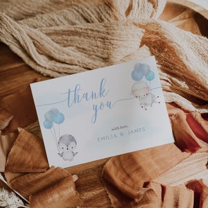 Baby shower thank you card template, penguin & sheep blue shower thank you cards, blue balloon thank you baby boy card printable - C145