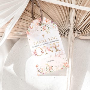 Floral baptism and 1st birthday thank you tag template, pink and gold christening & 1st birthday favor tag, floral onederful gift tag - C134