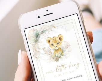 Bohemian little baby shower electronic invite, lion green baby invitation message, boho neutral baby shower phone invite text sms - C157