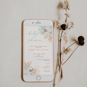 May include: A digital invitation for a baby shower, featuring a watercolour illustration of seashells and coral. The invitation is for James Williams, and the shower is scheduled for 24th July at 10:00 AM. The address is 1234 Peach Tree Road, Sonoma, CA. The RSVP deadline is 30th June, and the registry is at Amazon.