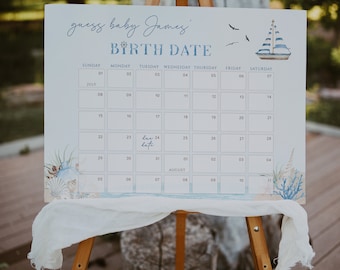 Baby shower due date calendar game, guess the due date calendar printable, ocean due date calendar game, ocean & sea baby shower game - C234