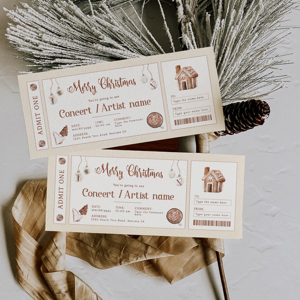 Event ticket template, christmas gift surprise concert ticket, holiday invitation ticket, show christmas event ticket editable gift voucher
