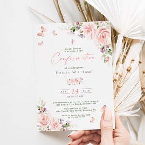 Greenery pink floral confirmation invitation, elegant flowers confirmation invitation for girl printable, butterflies invitation card - C109