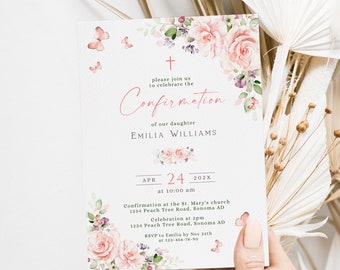 Greenery pink floral confirmation invitation, elegant flowers confirmation invitation for girl printable, butterflies invitation card - C109