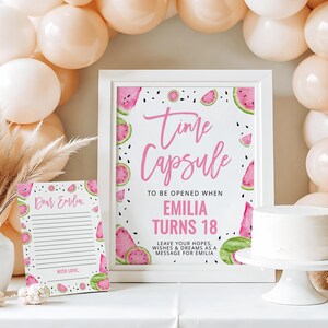 Summer watermelon 1st birthday time capsule sign and card printable, sweet pink melon first birthday party time capsule sign & card - C808