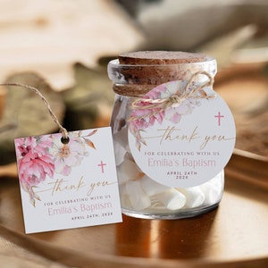 Pink peony watercolor floral thank you gift tags for girl printable, blush pink gold baptism gift tag, elegant minimalist baptism tag - C332