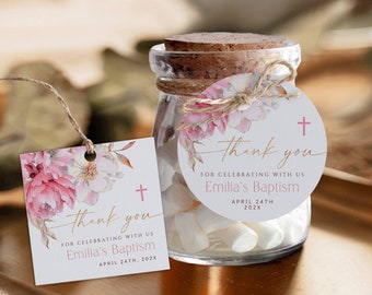 Pink peony watercolor floral thank you gift tags for girl printable, blush pink gold baptism gift tag, elegant minimalist baptism tag - C332