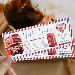 Hello London gift ticket printable, London surprise boarding pass ticket, british bus birthday party gift ticket, travel to London ticket