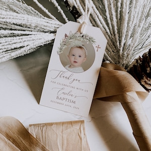 Christmas greenery decor baptism rectangular favor gift tag with photo printable, bohemian olive branch baptism favot tags with photo - C304