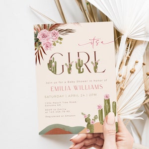 It's a girl modern desert baby shower invitation, pink floral baby shower invitation card, cactus boho baby shower invitation editable -C412