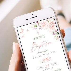 Electronic blush pink baptism invitation, girl baptism invite phone, textable floral christening evite, text message baptism evite - C178