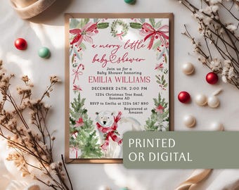 Winter Polar Bear Merry Little Baby Shower Invitation Template: Christmas Red Poinsettia Invite Card - C909