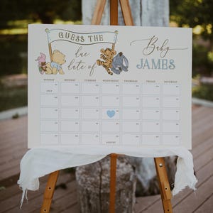 Vintage pooh baby due date prediction game printable, classic winnie the pooh baby due date calendar, boy pooh friends due date sign -C567-b