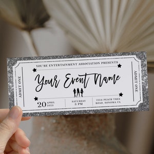 Silver event ticket template, editable event tickets, birthday concert ticket surprise, printable present coupon, DIY ticket model show