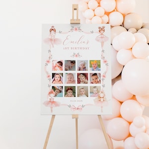 Ballerina 1st year photo collage sign, floral pink little ballerina 12 month photo board printable, first b-day photo collage poster - C509