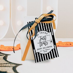 May include: Black and white striped treat bag with a tag that says "No Tricks Just Treats Happy Halloween love, the Williams family". The tag has a spider web design and a spider on it. The bag is tied with a black and gold ribbon.