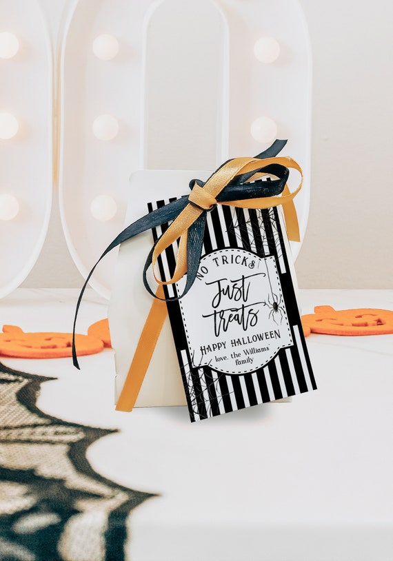 No tricks just treats halloween tags, adult tag costume halloween party, halloween favor tags printable, neutral halloween party tags - C296