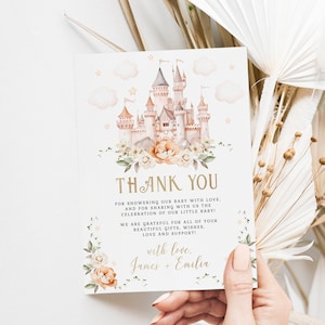 Princess thank you note card castle birthday decor, floral baby shower thank you card, castle floral boho thank you card printable - C511