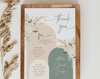 Pampas grass thank you card, floral baby shower thank you card printable, greenery arch baby shower gender neutral thank you card decor-C532