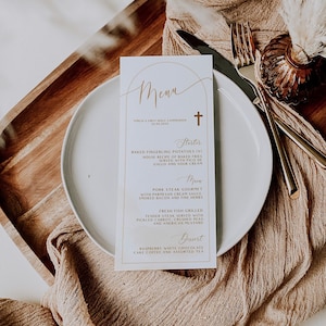 Bohemia arch baptism menu card printable, blush gold first holy communion menu card, gender neutral elegant firstholy communion menu - C152