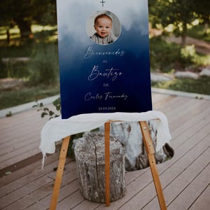 Cartel bienvenida bautizo niño, blue spanish bautizo welcome sign printable, blue and white baptism welcome sign in spanish with photo -C224