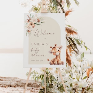 Giraffe Boho Blumen Baby Shower Willkommensschild druckbar, Boho Bogen Giraffe Baby Shower Willkommensposter, beige Baby Shower Willkommensschild - C563