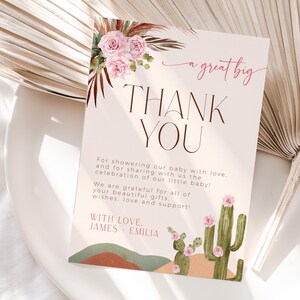 Cactus baby shower thank you card printable, boho desert baby shower thank you card, pink floral pampas grass baby shower thank you - C412-g