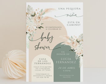 Una pequeña niña está en camino baby shower tarjeta de invitación en español printable, floral boho baby shower invitation in spanish - C532