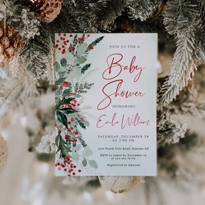 Greenery and pinecones baby shower invitation printable, Christmas theme baby shower invitation card, neutral winter baby shower invite-C343