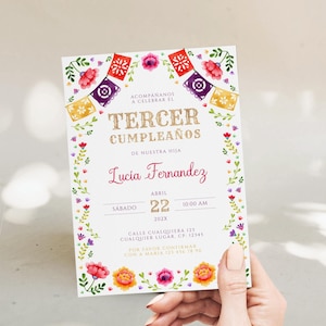 Tercer cumpleaños invitacion printable, mexican flower 3rd birthday invitation in spanish, floral pink mexican 3rd bday party invite - C116