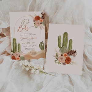 Oh baby boho arch cactus baby shower invitation editable, desert baby shower invitation card, floral pampas grass baby shower invite - C411