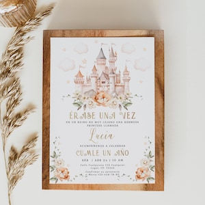 Érase una vez invitación de cumpleaños en español, princess castle floral birthday invitation in Spanish printable for a girl decor - C511