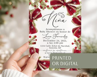 Christmas Red Bows Spanish Baby Shower Invitation: Winter Es Niña Velvet Bow Invite Card - C887