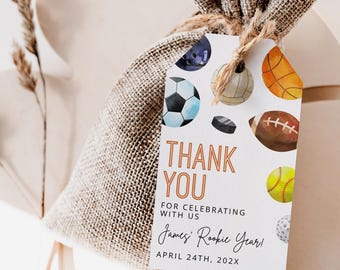 All sports balls birthday favor tag printable, all sports birthday thank you tag, tennis baseball football birthday party gift tag - C648