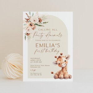 Calling all party animals 1st birthday invitation card, boho floral giraffe first birthday invite printable, safari 1st b-day invite - C563