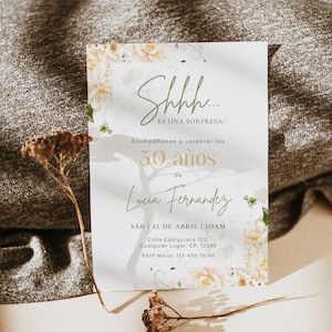 Invitación de 50 años mujer, spanish 50th birthday invitation printable, white flower adult birthday invitation, any age birthday spanish