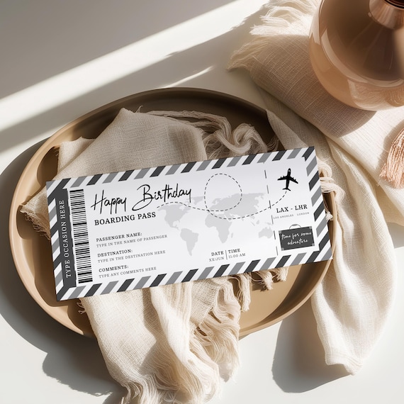 Editable boarding pass template, birthday surprise airplane ticket, weekend getaway voucher ticket coupon card, boarding pass surprise trip