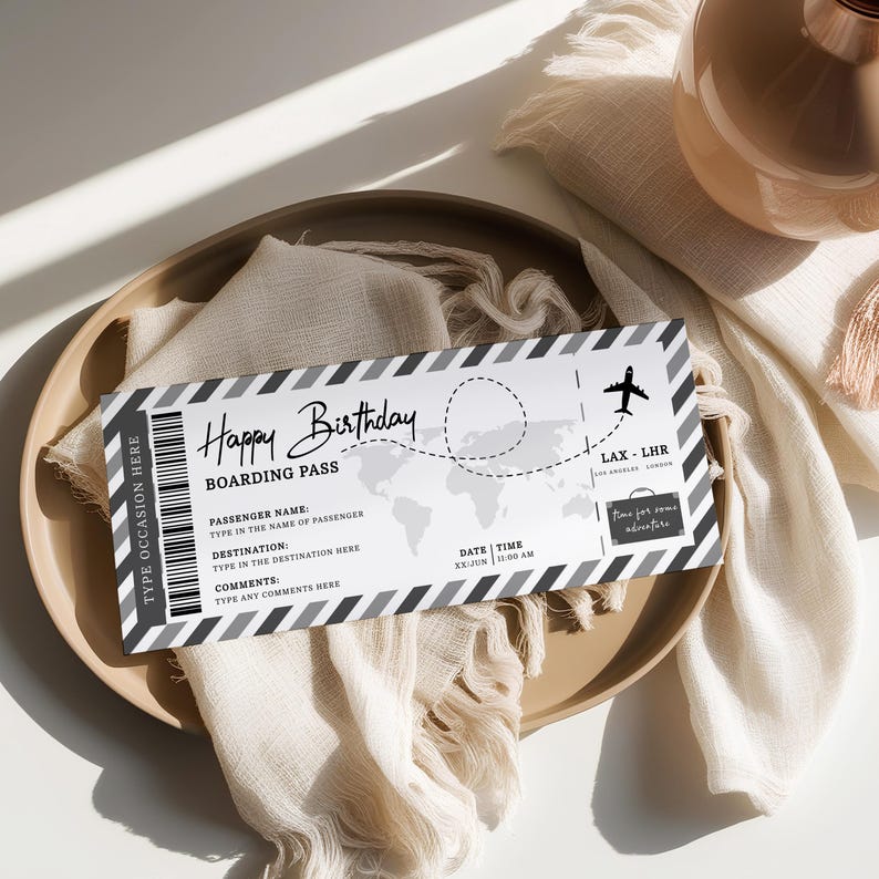 May include: A black and white boarding pass with the text "Happy Birthday" and a world map design. The pass includes fields for passenger name, destination, and comments, with a flight route graphic and the text "Time for some adventure."