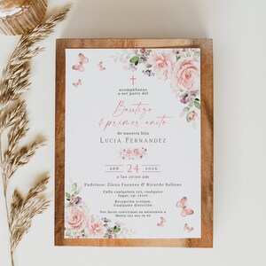 Invitaciones de bautizo y primer añito, invitacion bautizo en espanol printable, girl baptism invitation in spanish pink floral - C178