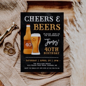 Cheers and beers 40th birthday adult invitation for man printable, modern any age adult 40th birthday party invitation, man bday invite-C356
