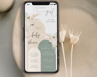 Boho pampas grass baby shower electronic invitation, greenery baby shower phone text evite, arch baby shower digital mobile invitation -C532